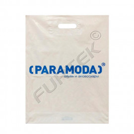 Белый ПВД пакет с вырубной укрепленной ручкой, донной складкой и логотипом для обуви и аксессуаров