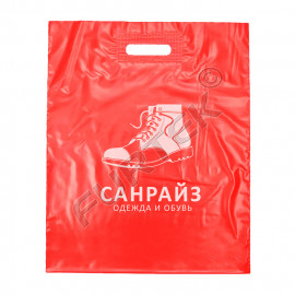 Пакет ПВД красный с вырубной укрепленной ручкой, донной складкой и логотипом