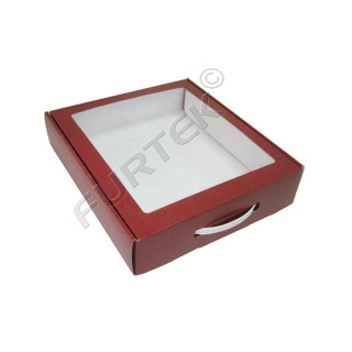Картонная коробка-чемодан с прозрачным окном и пластиковой ручкой