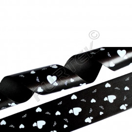 Лента сатиновая черная с белым принтом в виде сердец 50 м, 100 м