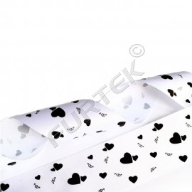 Белая сатиновая лента с черным принтом в виде сердечек 50 м, 100 м