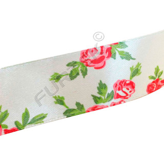 Кремовая сатиновая лента с принтом "Красные розы" 50 м, 100 м