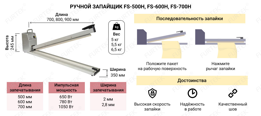 Характеристики ручного запайщика FS-500H, FS-600H, FS-700H