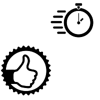 Высокое качество и короткие сроки, схема в виде иконки часов и иконки в виде поднятого большого вверх  пальца в круге.